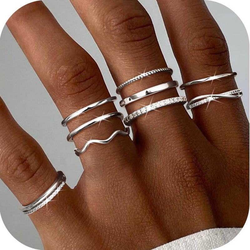 Jstyle Gold Stackable Rings for Women Non Tarnish Open Adjustable Rings Cubic Zirconia Thin Thumb Silver Ring Set 14K Gold Filled Pinky Knuckle Stacking Set - Dainty Statement Promise Band Ring Sets - Image 2